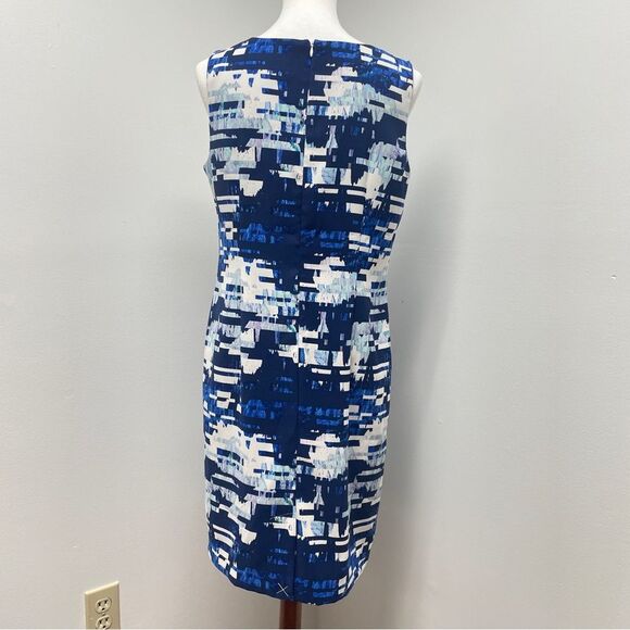 Blue & White Geometric Sleeveless Dress Womens Size 12 Wedding Guest Work Dress - Picture 6 of 15